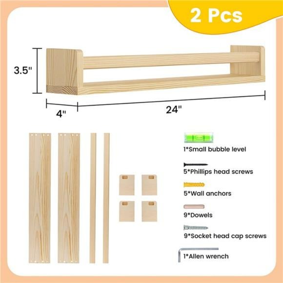 Nursery Book Shelves - 24 Inch Wood Floating Bookshelf Set of 2 - Natural Wood - Picture 3 of 6
